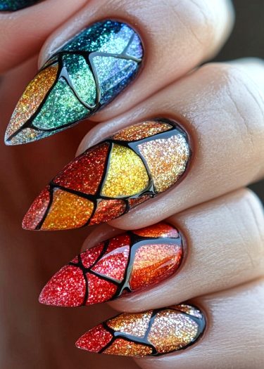 Stunning stained glass nail art in vibrant colors and stiletto shape for a striking manicure.