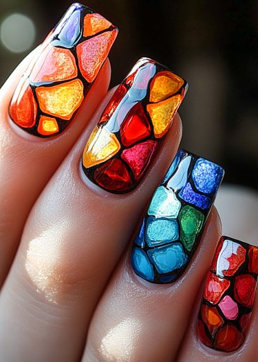 Vibrant stained glass nail art design with intricate patterns and glossy finish.