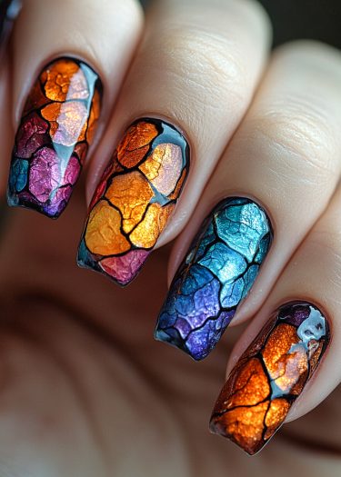 Intricate stained glass nail art design with vibrant colors and glossy finish.