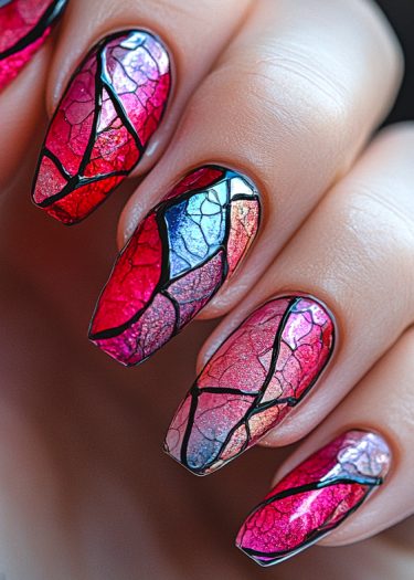 Vibrant stained-glass nail art with colorful patterns and glossy finish, showcasing modern artistry.