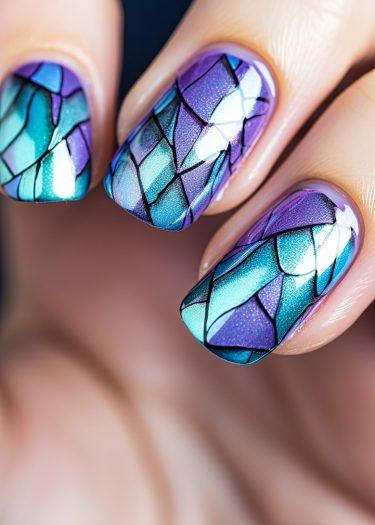 Stunning stained glass nail art with vibrant colors and intricate mosaic patterns.