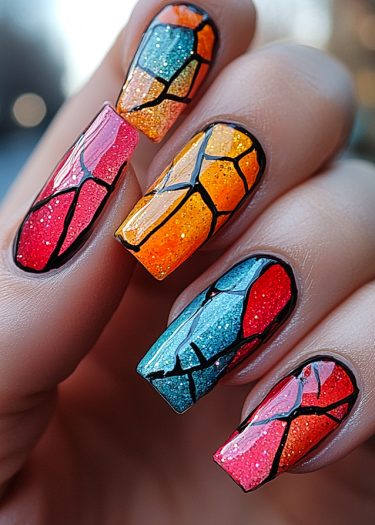 Vibrant stained glass nail art featuring colorful designs, glitter, and bold black outlines.