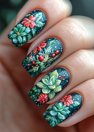 Festive botanical nail art features intricate floral designs on a deep evergreen background.