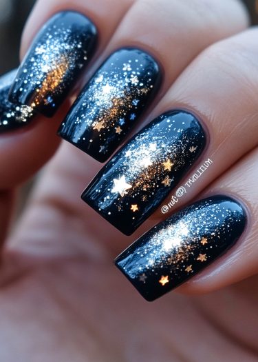 Celestial starry night nail art with glitter and star decals on glossy black polish.