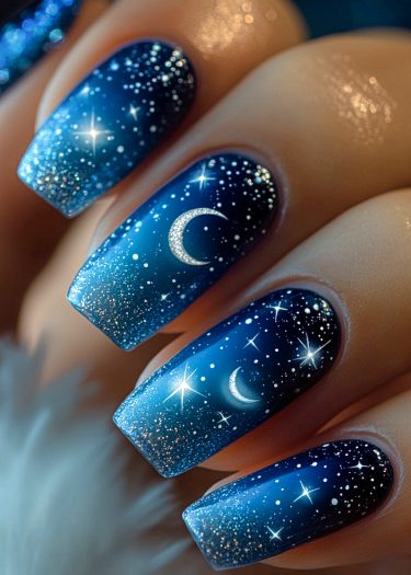 Beautiful starry night nail art featuring crescent moons and sparkling stars on deep blue background.