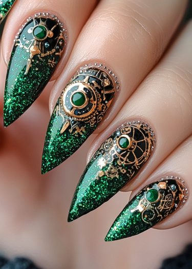 Stunning steampunk green glitter nails featuring elegant metallic gears and gemstone accents.