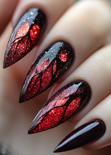 Striking stiletto nails with red glitter flames on a glossy black background.