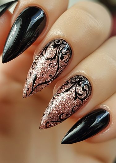 Elegant stiletto nails with glossy black and rose gold glitter, featuring intricate patterns.