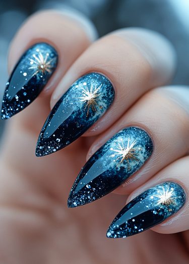 Elegant almond-shaped nails in deep blue with gold fireworks and silver glitter design.