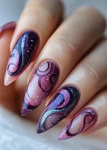 Stunning stiletto nail art with glitter and rhinestones in vibrant purple and pink gradients.