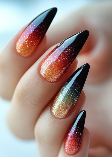 Gorgeous stiletto gradient nail art with glitter, displaying vibrant colors and elegant design.