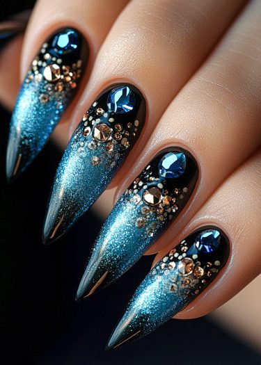 Stunning stiletto gradient nails featuring black and shimmering blue with luxurious gemstone accents.