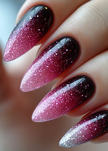 Stunning stiletto gradient nails feature glittering pink ombre design on elegantly manicured fingertips.