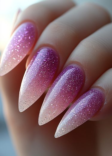 Stunning stiletto nails with a glamorous purple glitter gradient design.