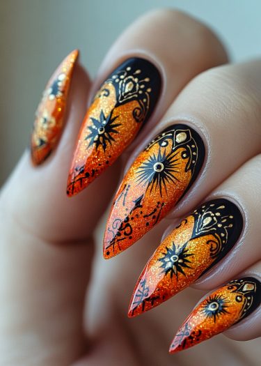 Stunning stiletto gradient nails with black and orange, featuring intricate gold patterns and embellishments.