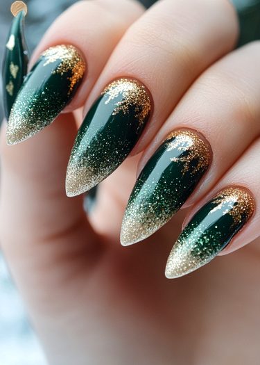 Elegant stiletto nails in rich green with gold glitter tips, perfect for any occasion.