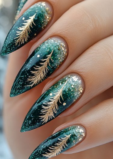 Elegant stiletto nails featuring emerald green ombre and intricate gold designs with sparkle.