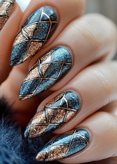 Elegant almond-shaped stiletto nails featuring luxurious metallic geometric art design.