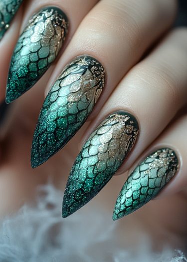 Dramatic stiletto nails with dragon scale design in emerald green and gold accents.