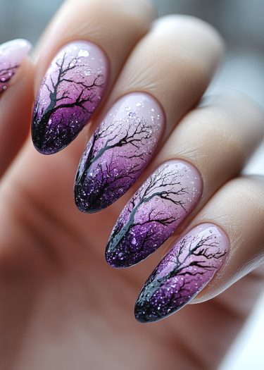 Elegant stiletto nails featuring a gradient twilight design with silhouetted trees and sparkling stars.