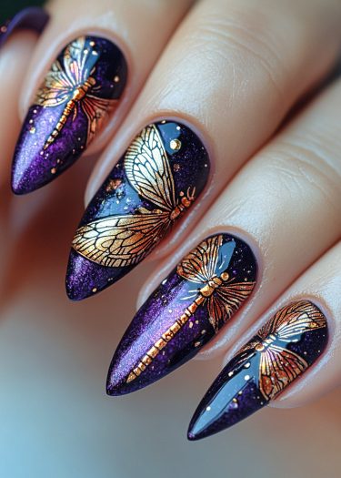 Elegant stiletto nails featuring deep purple and gold dragonfly design with shimmering accents.