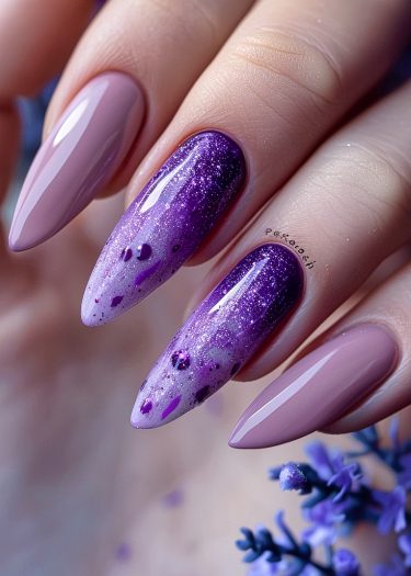 Elegant mauve and galaxy-inspired purple gradient nails, showcasing stunning nail art creativity.