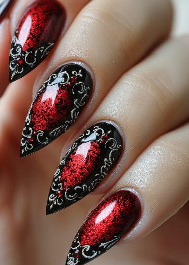 Luxurious red and black stiletto nail art with intricate silver filigree designs.