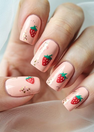 Pastel pink strawberry nail art with gold accents, showcasing elegant and playful designs.