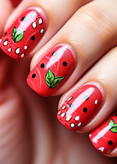 Vibrant strawberry nail art with glossy red polish, black seeds, and green leaf details.