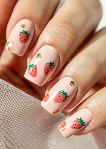 Playful pastel pink strawberry nail art with gold accents for a chic, fresh look.