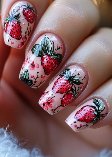 Strawberry-themed nail art featuring realistic designs with vibrant strawberries, leaves, and blossoms.