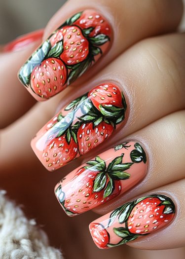 Vibrant strawberry nail art on peachy-orange nails, showcasing intricate designs and glossy finish.