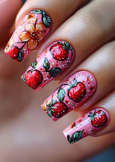 Vibrant pink strawberry nail art featuring detailed flowers and glossy finish for summer style.