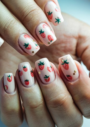 Stylish strawberry-themed nail art with pink base and golden accents for a fresh summer look.