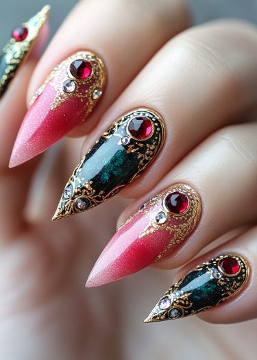 Glamorous stiletto nails with pink gradient, emerald green tips, and luxurious gemstone embellishments.