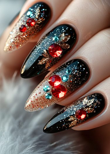 Luxurious black stiletto nails adorned with red and teal gemstones and gold accents.