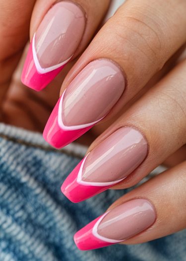 Elegant nude coffin nails with vibrant pink tips and graphic white lines for a stylish manicure.