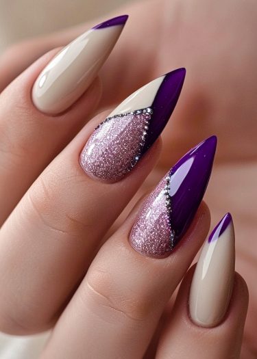 Elegant almond-shaped nails with deep purple, beige, and pink glitter design and rhinestones.