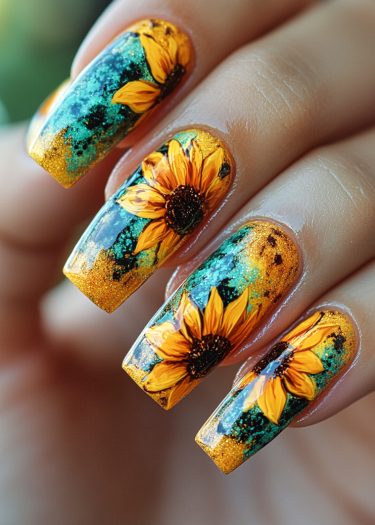 Vivid sunflower nail art design with teal and gold accents, showcasing detailed floral artistry.