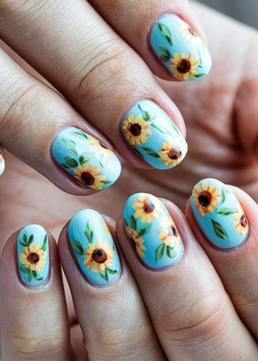 Beautiful sunflower nail art on light blue background, showcasing vibrant floral designs and glossy finish.