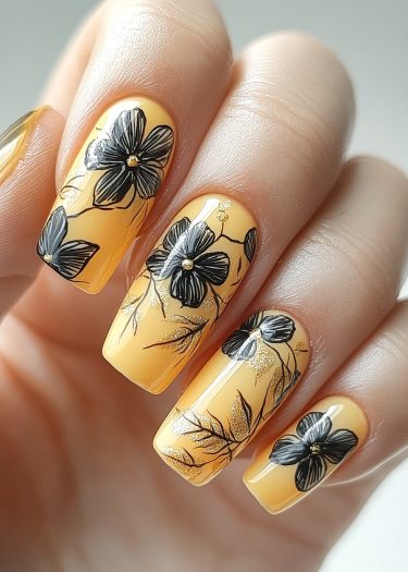 Elegant sunny yellow floral nail art with intricate black designs and gold accents.