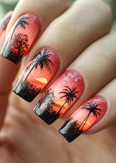 Tropical sunset beach nail art with palm tree silhouettes and vibrant gradient colors.