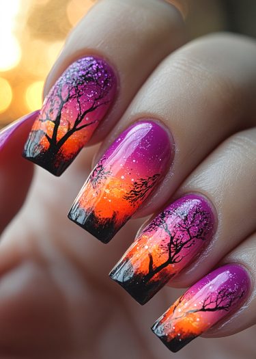 Vibrant sunset gradient nail art with glitter and tree silhouettes creating a stunning design.