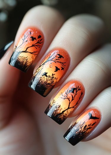 Spooky sunset gradient nail art featuring bats and trees for Halloween or fall.