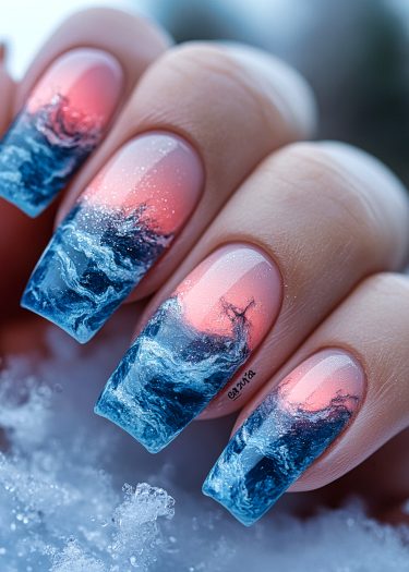 Stunning sunset seascape nail art featuring vibrant waves and a beautiful sunset design.