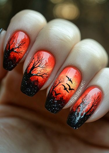 Stunning sunset silhouette nail art with black trees and birds against a vibrant gradient.