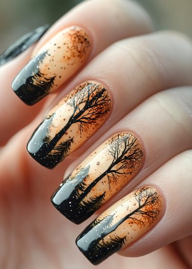 Elegant sunset tree nail art featuring intricate designs and shimmering accents on beige background.