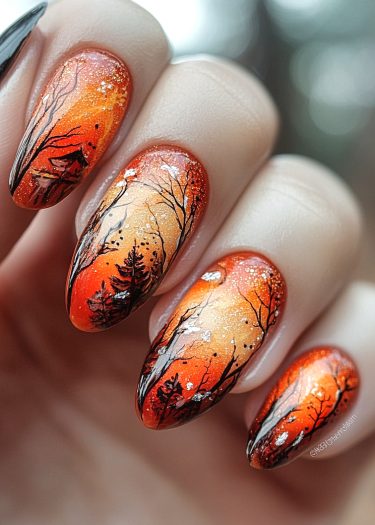 Vibrant sunset tree nail art with gradient colors and intricate forest landscape design.