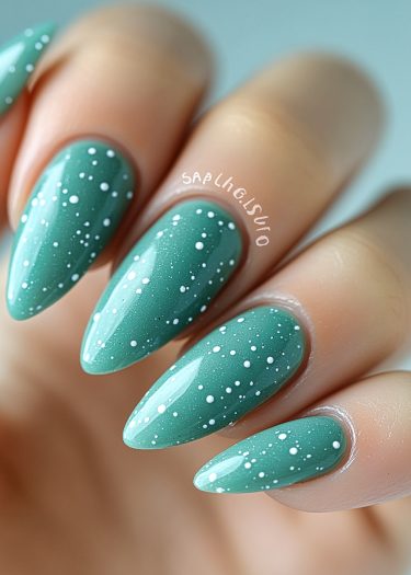 Elegant teal almond nails with whimsical white dot patterns, showcasing stylish matte nail art.