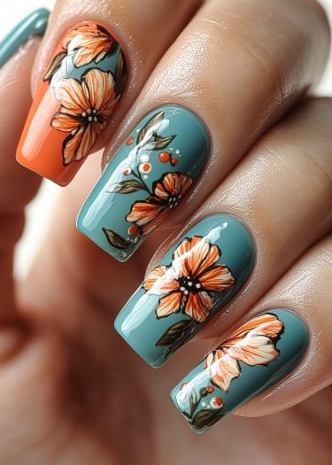 Elegant teal and coral floral nail art with intricate designs for spring or autumn styles.